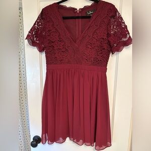LULUS Angels in Disguise Lace Skater Dress in red wine color, size large